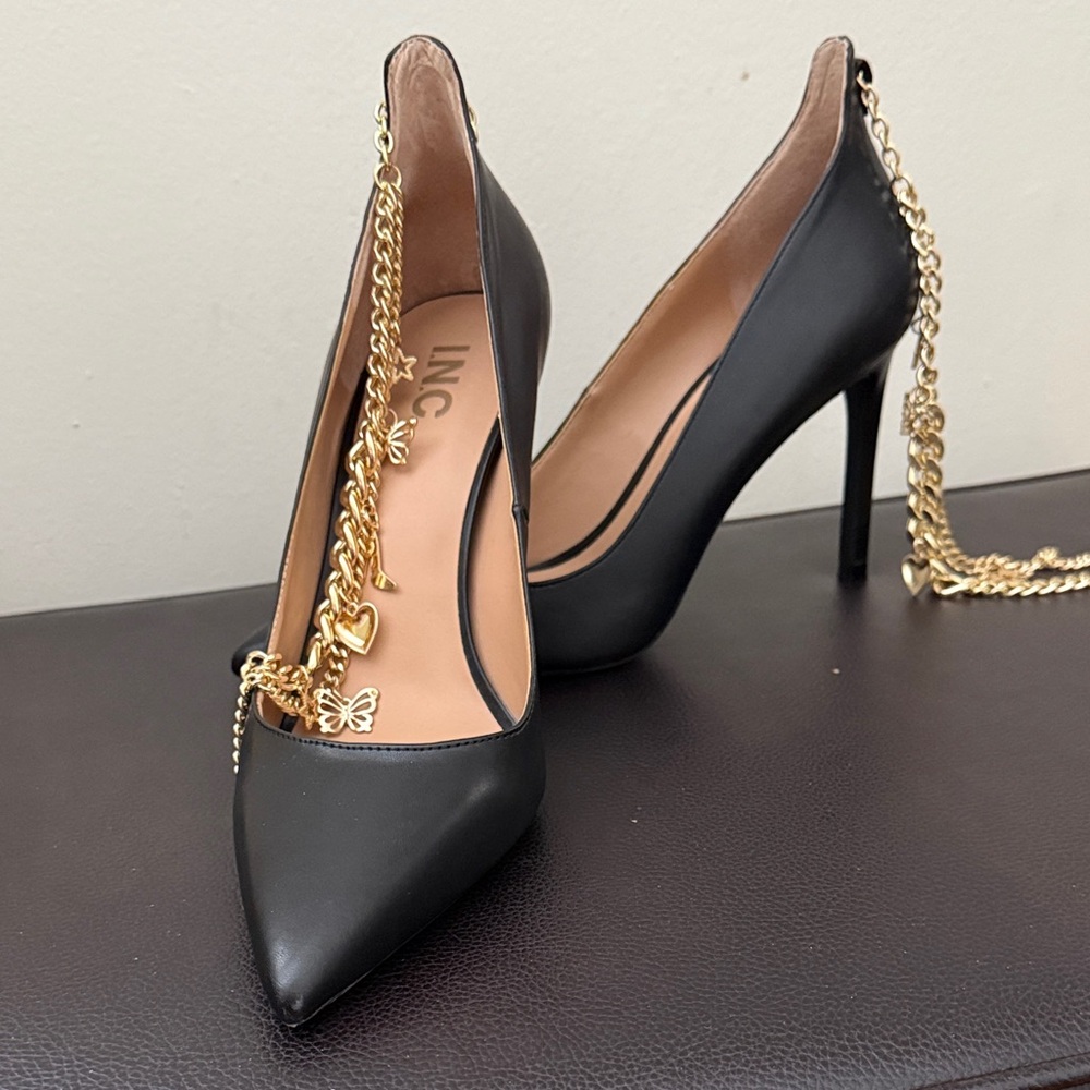 INC International Concepts Black Heels with Gold Chain Accent.